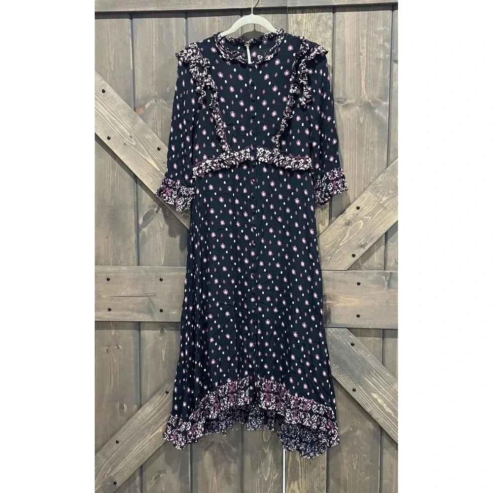 Free‎ People Women Midi Dress Black Floral Calico Skies Cottagecore Boho Sz S